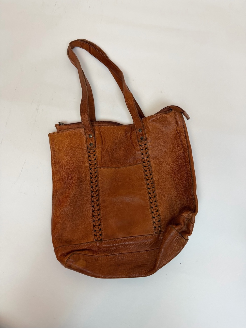 Vilenca Holland Caramel Leather Braided Tote Bag Bohemian Vibe